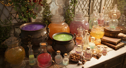 A mystical scene featuring potion ingredients, cauldrons brewing vibrant liquids, and magical tools, set in an enchanting atmosphere