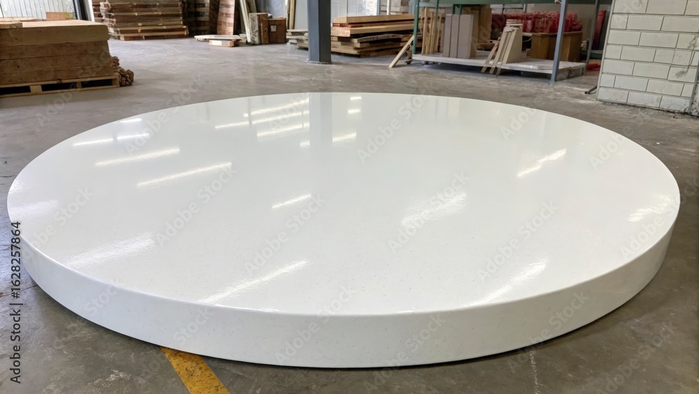 Poster a large white circular platform in a warehouse setting with stacked wood in the background