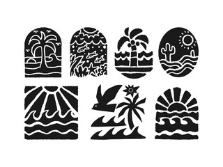 badge set beach sun beach shore palm tree fish coral waves sand 