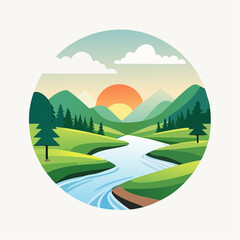 Obraz premium Serene Sunset Landscape: Green Valley River and Mountains Illustration