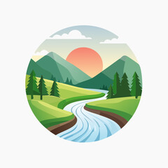 Serene Sunset Landscape Illustration with Winding River and Mountains