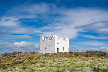 The Beacon on the isle of May in Scotland.  The isle of May is a small island in the Firth of Forth. It is a national nature reserve.