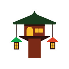 Treehouse With Lanterns And Yellow Windows On White home dwelling