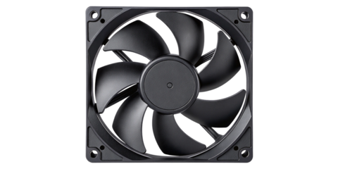 Close-Up Image of Black Computer Cooling Fan with Curved Blades on Transparent Background
High-Quality Front View of PC Cooling Fan in Square Frame Isolated on White