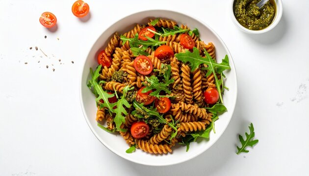 Whole wheat fusilli pasta salad with pesto, cherry tomatoes, and fresh arugula in a white bowl. - Powered by Adobe