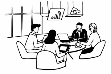 A group of business professionals engage in a collaborative meeting using laptops. They discuss strategies and ideas in a modern office environment, emphasizing teamwork and communication