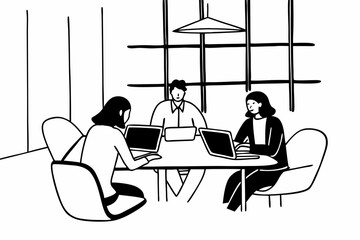A group of business professionals engage in a collaborative meeting using laptops. They discuss strategies and ideas in a modern office environment, emphasizing teamwork and communication