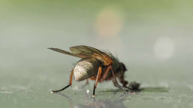Mouche Helina impuncta en gros plan lat&eacute;ral, macro naturaliste sur surface lisse