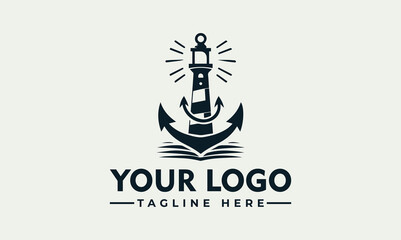 Lighthouse with radiating light, flanked by anchors, above a placeholder for a logo and tagline.