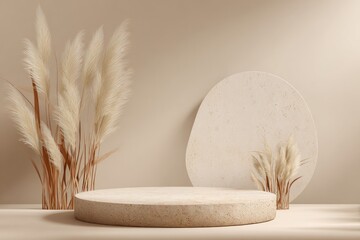 Beige, minimalist, product display.  Beige round pedestal with natural elements,  soft light, earthy tones