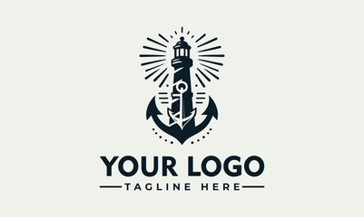 Lighthouse with radiating light, flanked by anchors, above a placeholder for a logo and tagline.