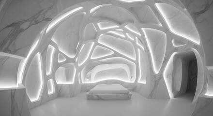 A futuristic bedroom inside a white marble cave with glowing organic architectural patterns.