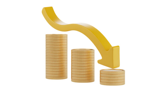 Yellow downward trending arrow over decreasing stacks of gold coins isolated on a transparent background