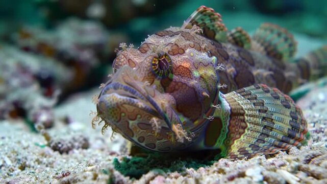 Camouflaged stonefish on a coral reef. Close-up of a hidden stonefish in the ocean. Dangerous stonefish blending into seabed.
