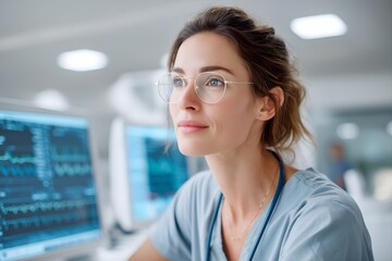Fototapeta premium Thoughtful doctor looks toward future of patient care in modern hospital with digital monitoring systems