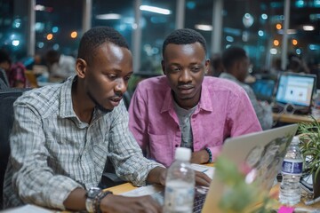 Photo of two young african men working together on a laptop in a modern office, collaborating on a project