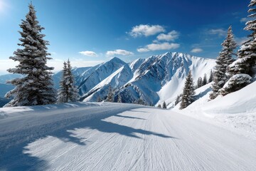 A wide ski slope stretching gently down a mountain, covered in pristine white snow under a clear blue sky