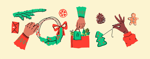 Hands with holiday preparations. Creative festive activities. Human arms actively wrapping gifts and decorating. Seasonal items like gingerbread and greeting cards. Handmade DIY holiday joy.
