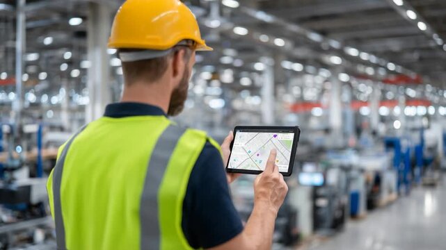 A factory floor manager uses a tablet to monitor equipment status and worker locations amidst the hum of industrial machines.