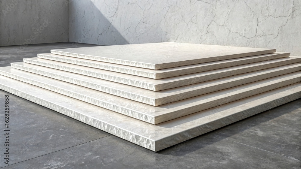 Poster a stack of white rectangular slabs arranged in a step like pattern on a gray surface indoors