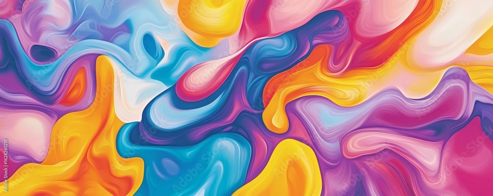 Poster abstract composition depicting fluid colorful shapes and flowing patterns
