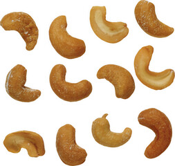 Collection of delicious roasted cashew nuts arranged in a pattern isolated on transparent background