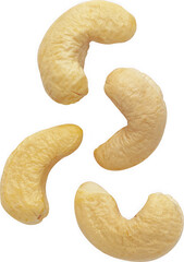 A cluster of four golden brown cashew nuts arranged in a pleasing composition isolated on...