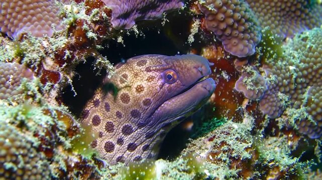 Snowflake moray eel peeking from coral. Black and white spotted eel underwater. Close-up marine wildlife in natural light.