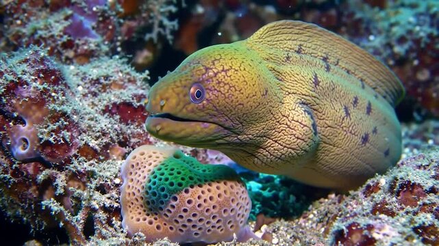 Vibrant yellow moray eel in coral reef. Striking blue-eyed eel underwater. Colorful marine life in dramatic lighting.