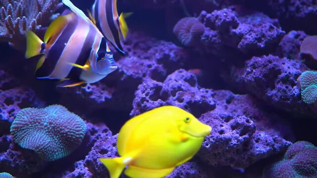 Tropical fish in coral reef aquarium. Angelfish and regal tang in purple-blue lighting. Dynamic underwater marine life.