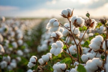 A vibrant field of cotton plants basking in the warm sunlight, showcasing fluffy bolls.