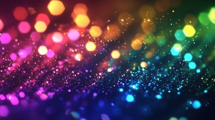 Vibrant Abstract Background with Colorful Bokeh Lights and Glitter Particles Creating a Dreamy and Festive Atmosphere for Design Projects