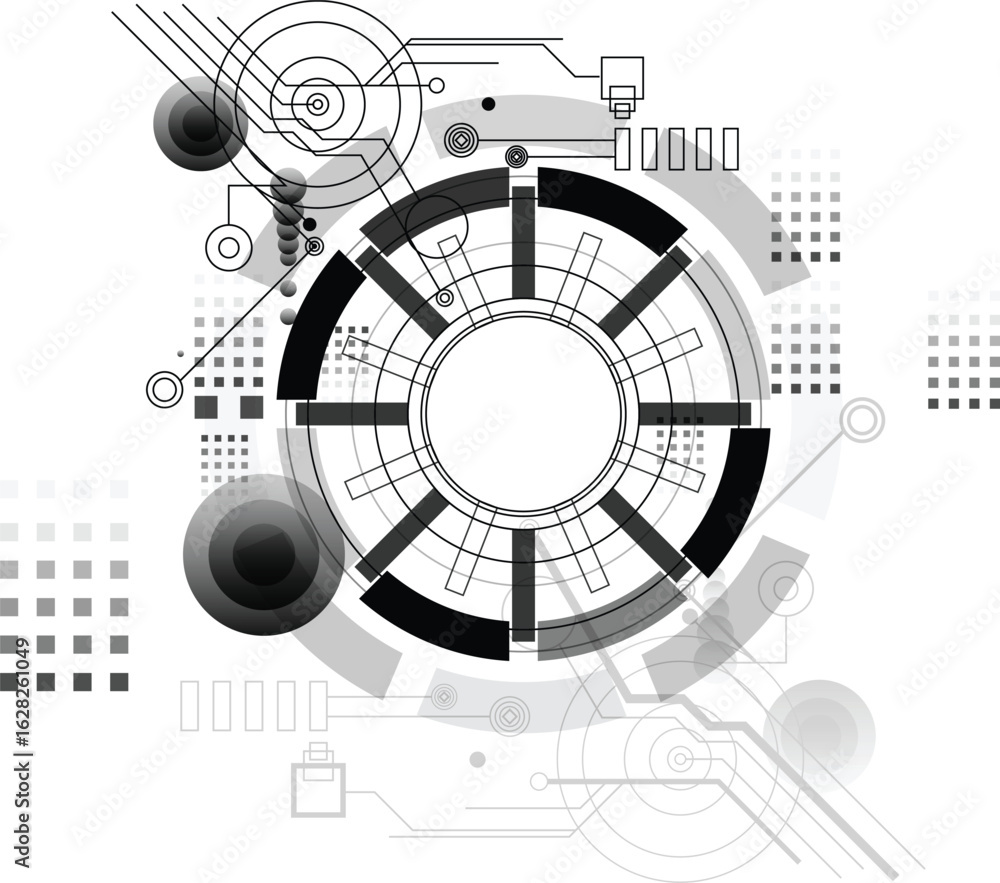 Poster the image features a futuristic, circular design with geometric shapes and a high-tech aesthetic.