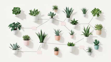 A complex network of potted green plants linked by lines and pink squares on white