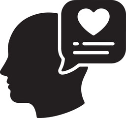 Vector icon:  Head silhouette with heart symbol sign,  representing love, compassion, and empathy;  black and white minimalist style.