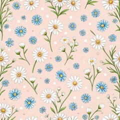 A vibrant floral pattern featuring delicate daisies and blue flowers on a pink background.