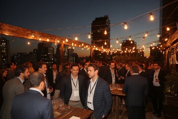 Photo of a group of people gathering on a rooftop at night for a social event with city lights