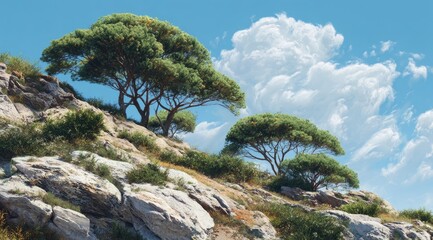 Sunny hillside with pine trees
