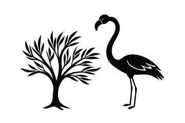World animal day vector art of flamingo standing next to a tree isolated