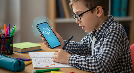 Student uses modern AI app for homework help on his smartphone, learning at home with technology