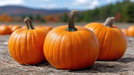 Bright orange pumpkins on a sunny day in a pumpkin patch surrounded by vibrant fall foliage