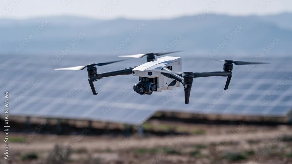 Poster a drone captures thermal images to detect hotspots at a solar panel farm, framed by rows of gleaming