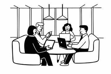 A group of confident professionals in business attire enjoy a productive meeting using technology in a contemporary workspace, promoting teamwork and innovation