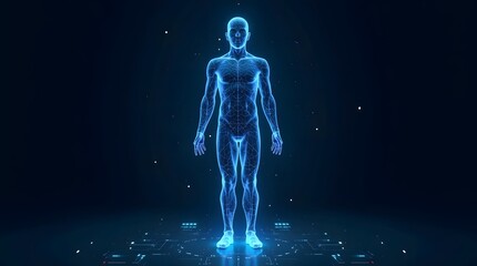 Low poly wireframe human body in full standing pose, 3D polygonal mesh with glowing edges and scattered digital particles.