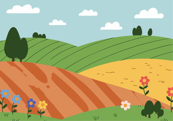 A colorful cartoon landscape with rolling hills, fields in various colors, scattered trees, flowers, and a blue sky with fluffy white clouds.