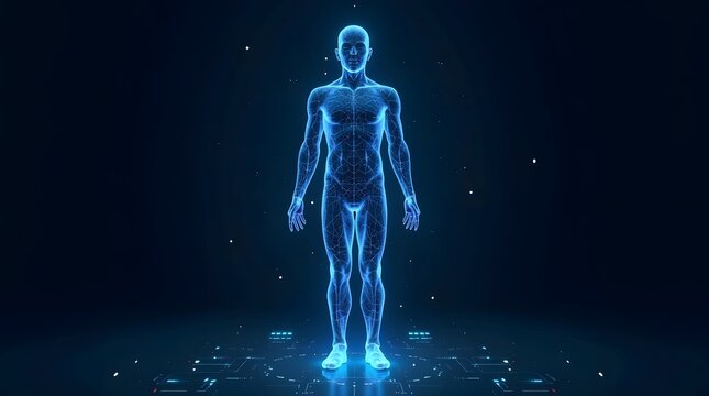 Low poly wireframe human body in full standing pose, 3D polygonal mesh with glowing edges and scattered digital particles.