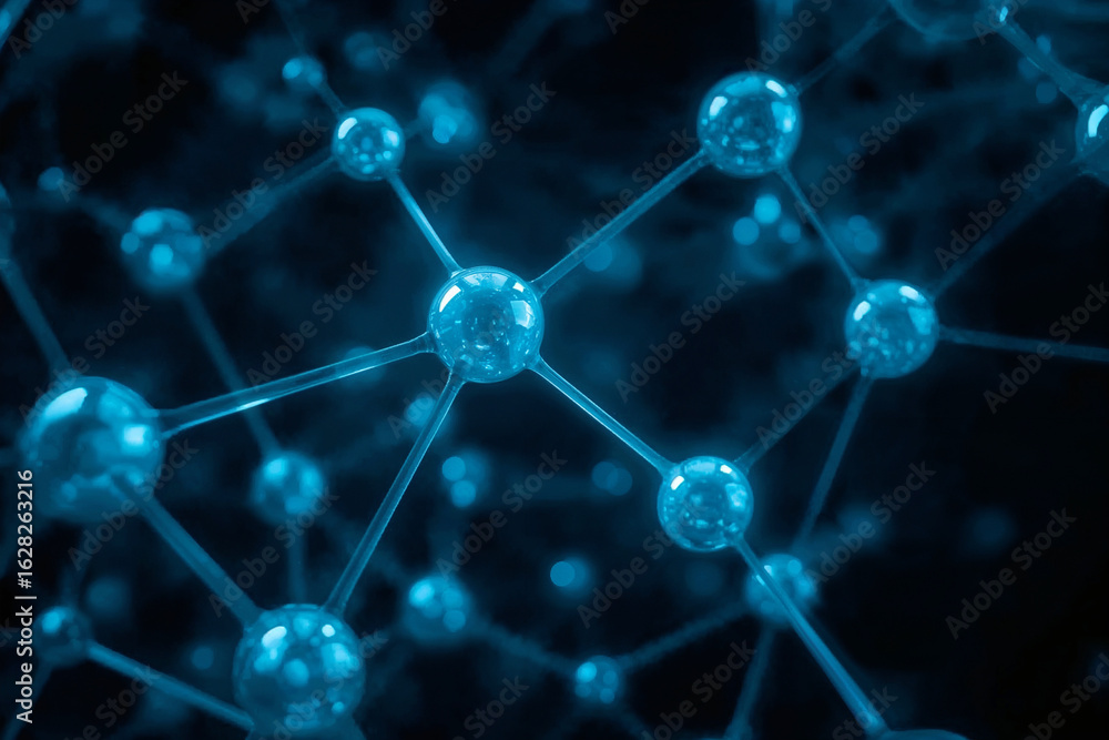 Poster abstract 3d molecular structure with glowing blue spheres and connecting lines on dark background