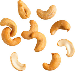A scattering of roasted cashew nuts displayed in a circular pattern on a transparent background...