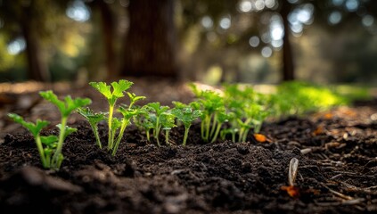 Young plants sprout in dark rich soil. Sunlight filters through trees in the background