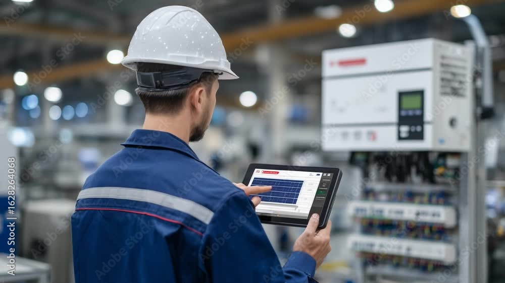 Poster engineers monitor a solar inverter system converting sunlight to electricity for a factory grid in a